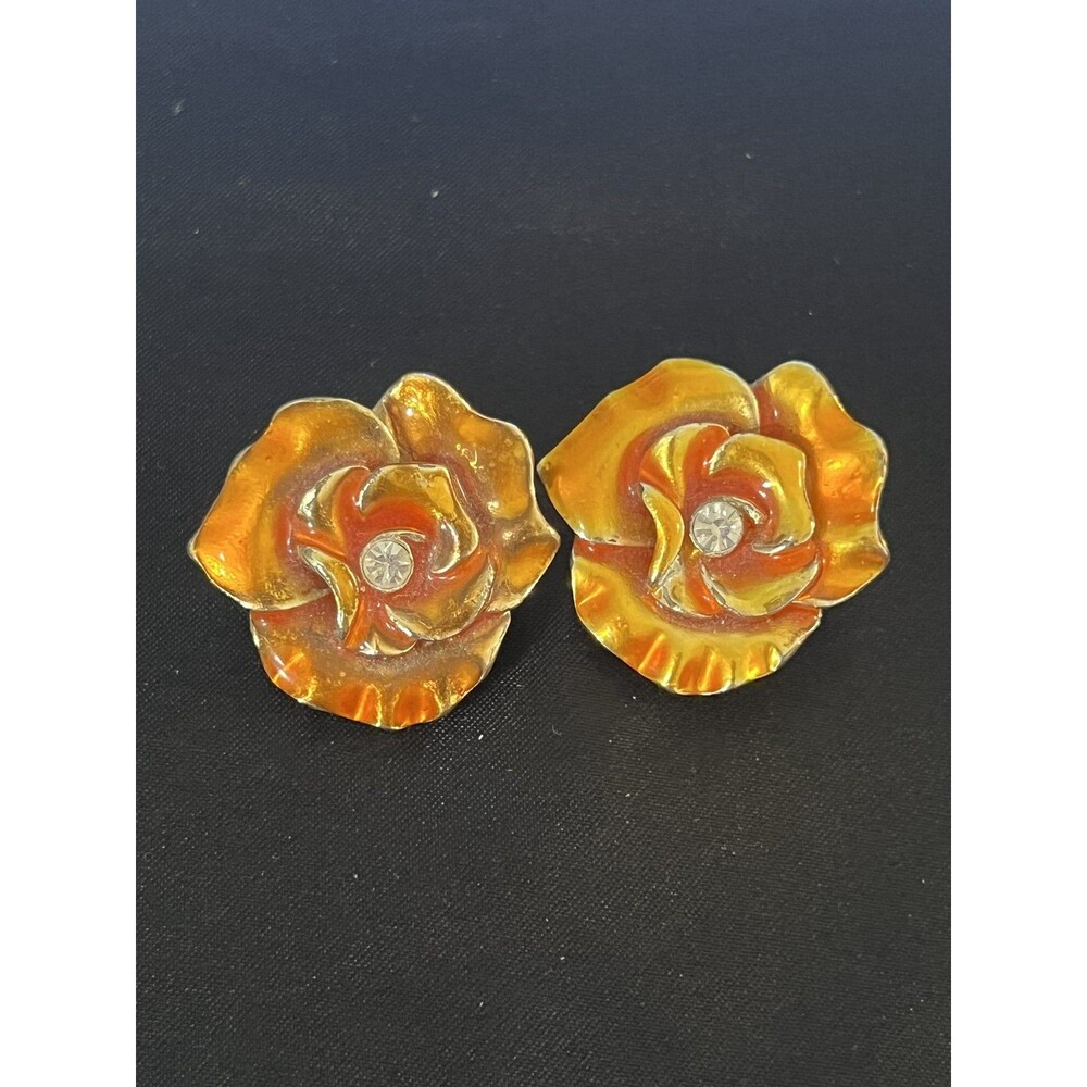 Vintage Gold-Tone Enamel Rose Clip-On Earrings with Rhinestones